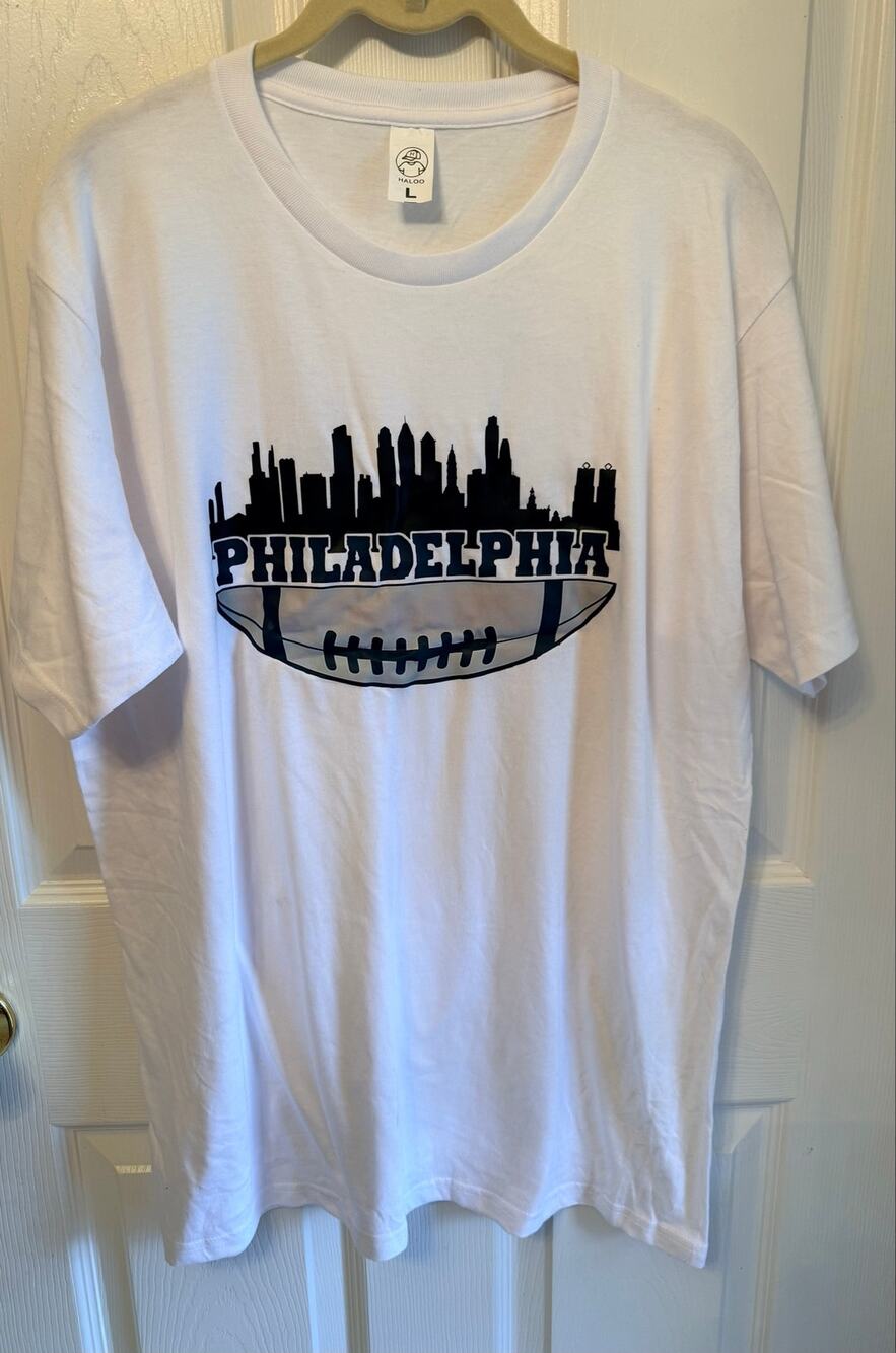 New White Short Sleeve Haloo Tee Philadelphia city skyline  text "PHILADELPHIA"